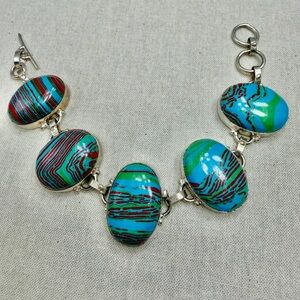 Vintage 925 Silver Rainbow Casilica Stone Bracelet